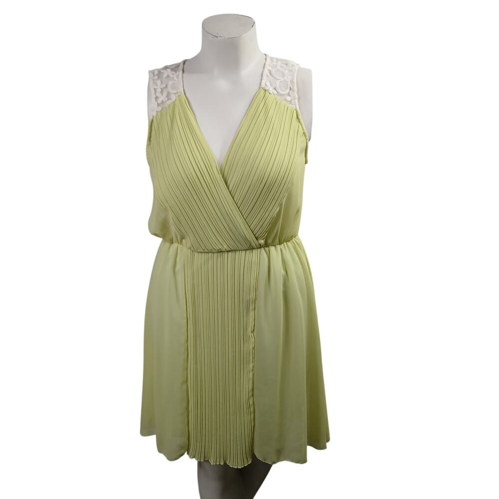 Wendy Wise Lime Green Pleated Lace Yoke Surplice Dress Large Made in USA